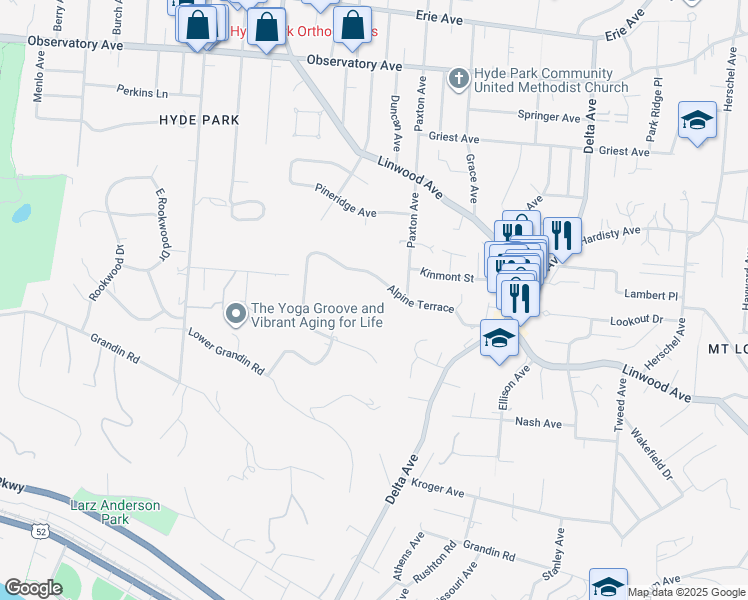 map of restaurants, bars, coffee shops, grocery stores, and more near 2991 Alpine Terrace in Cincinnati