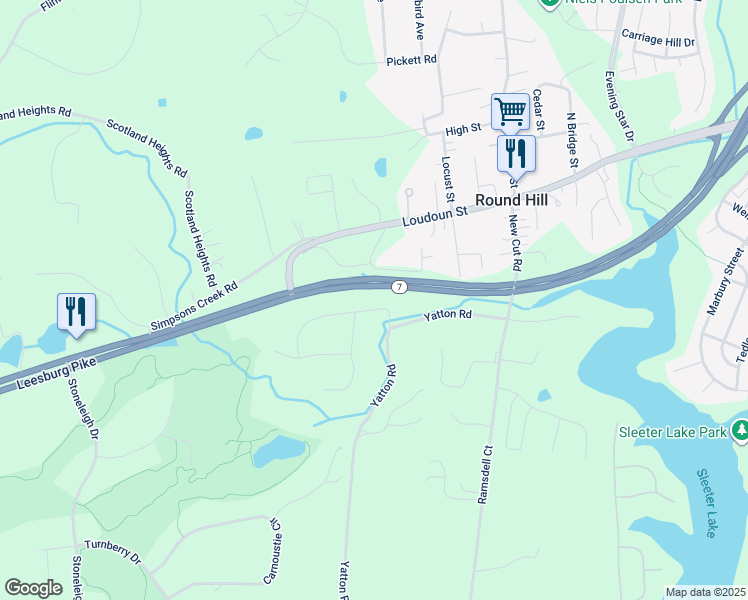 map of restaurants, bars, coffee shops, grocery stores, and more near 35580 Sassafras Drive in Round Hill