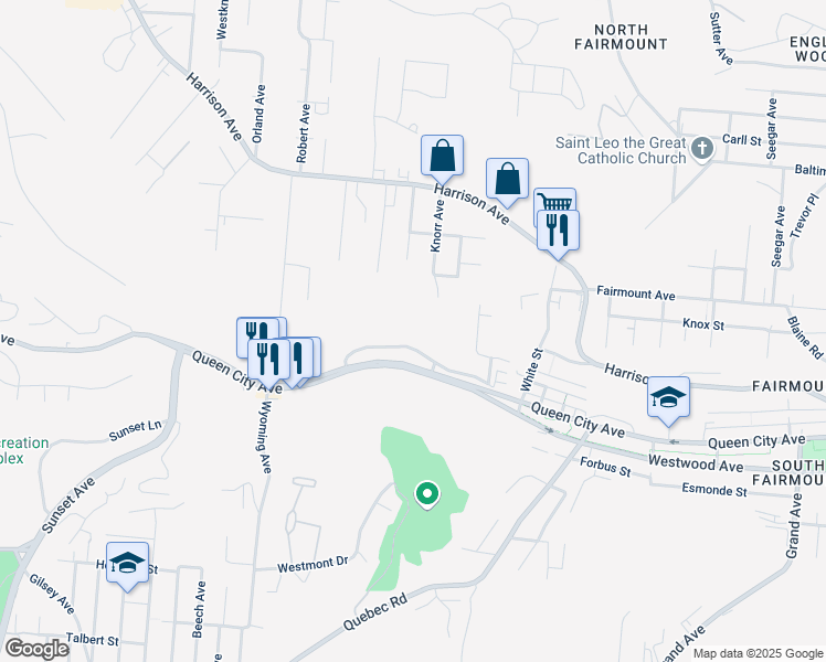 map of restaurants, bars, coffee shops, grocery stores, and more near 2046 Queen City Avenue in Cincinnati