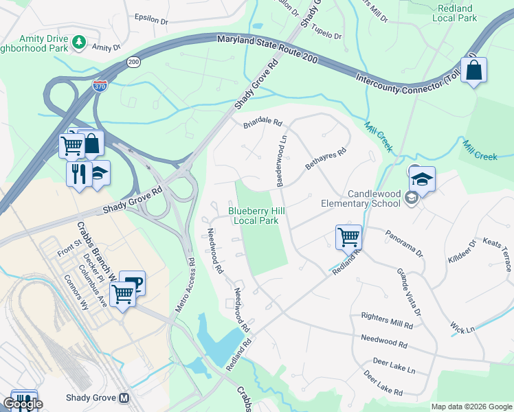 map of restaurants, bars, coffee shops, grocery stores, and more near 16617 Bethayres Road in Derwood
