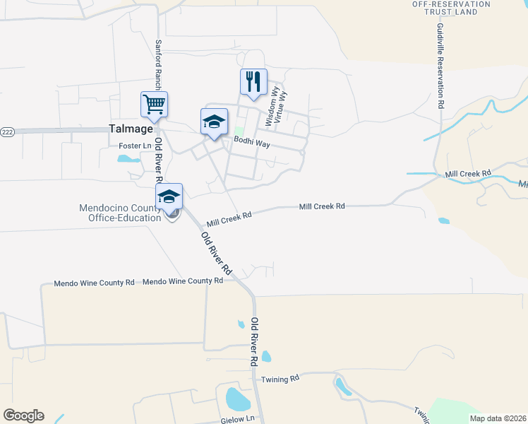 map of restaurants, bars, coffee shops, grocery stores, and more near 2360 Mill Creek Rd in Ukiah