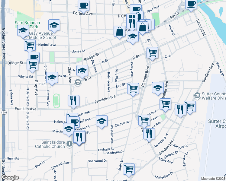 map of restaurants, bars, coffee shops, grocery stores, and more near 343 Pine Way in Yuba City