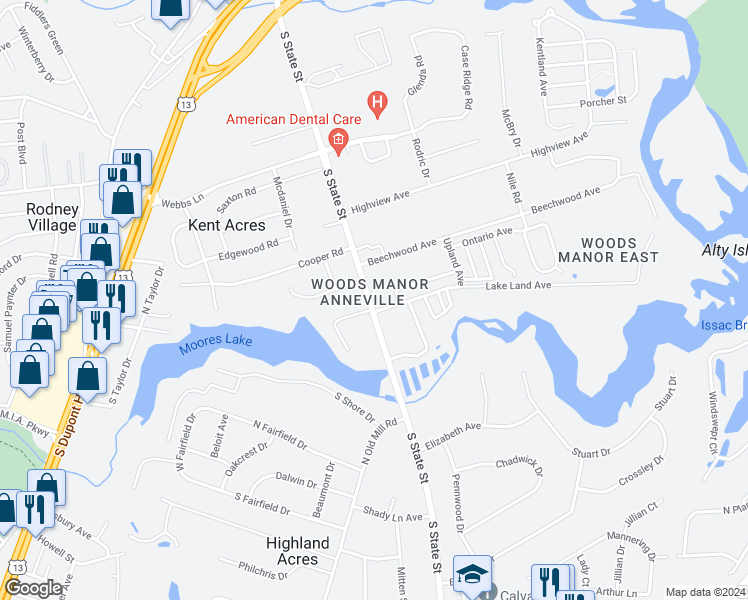 map of restaurants, bars, coffee shops, grocery stores, and more near 1642 South State Street in Dover