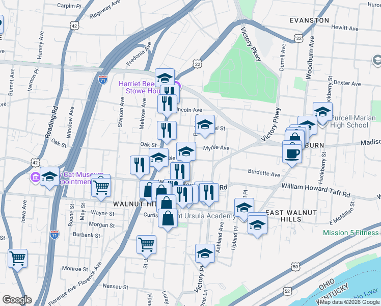 map of restaurants, bars, coffee shops, grocery stores, and more near 2703 Park Avenue in Cincinnati