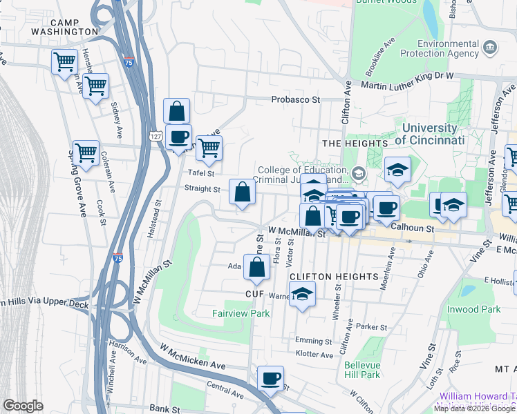 map of restaurants, bars, coffee shops, grocery stores, and more near in Cincinnati