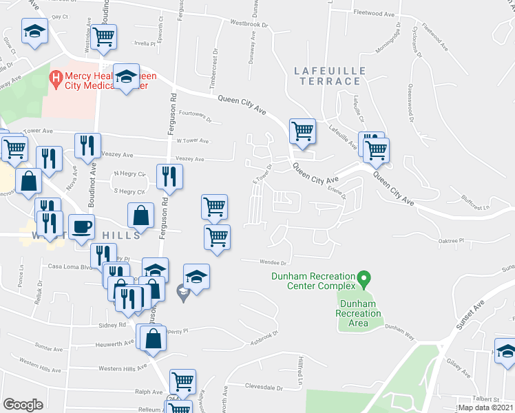 map of restaurants, bars, coffee shops, grocery stores, and more near 2717 East Tower Drive in Cincinnati