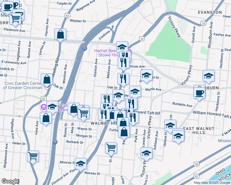 map of restaurants, bars, coffee shops, grocery stores, and more near 2657 Gilbert Avenue in Cincinnati