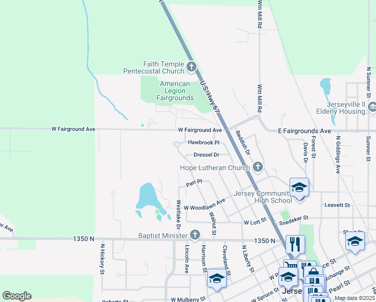 map of restaurants, bars, coffee shops, grocery stores, and more near 118 Dressel Drive in Jerseyville
