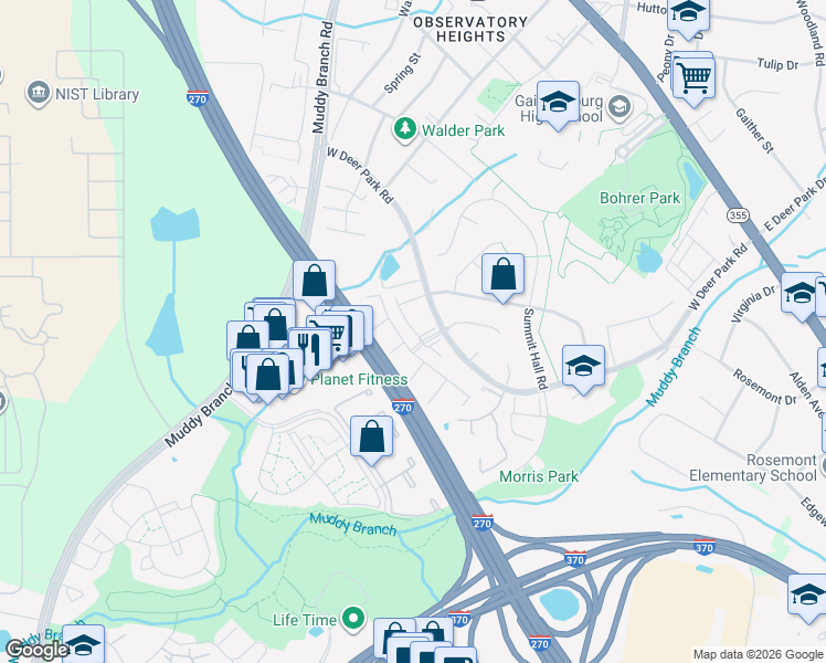 map of restaurants, bars, coffee shops, grocery stores, and more near 388 West Deer Park Road in Gaithersburg