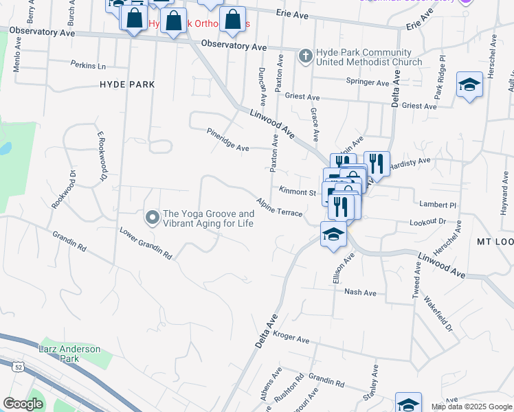 map of restaurants, bars, coffee shops, grocery stores, and more near 2991 Alpine Terrace in Cincinnati