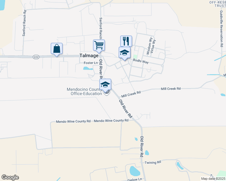 map of restaurants, bars, coffee shops, grocery stores, and more near 2240 Old River Road in Ukiah
