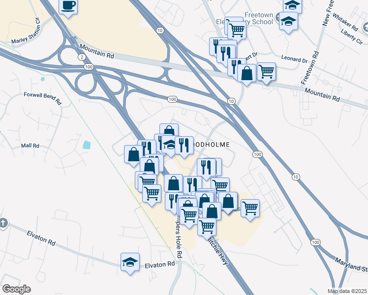 map of restaurants, bars, coffee shops, grocery stores, and more near 8009 Woodholme Circle in Pasadena
