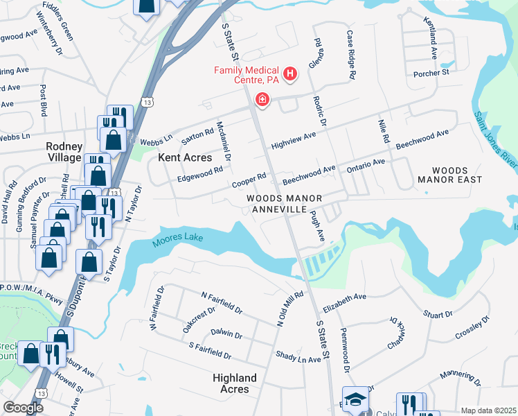 map of restaurants, bars, coffee shops, grocery stores, and more near 36 Manor Drive in Dover