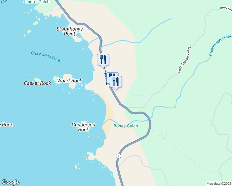 map of restaurants, bars, coffee shops, grocery stores, and more near 6101 California 1 in Elk