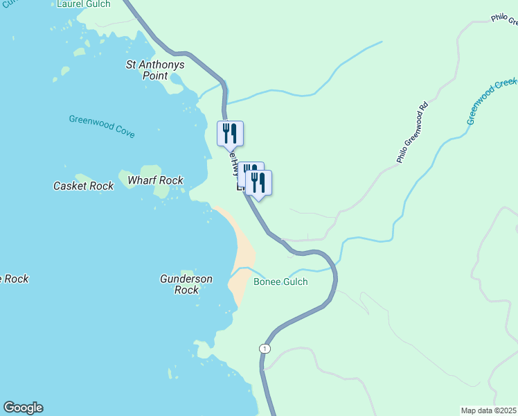 map of restaurants, bars, coffee shops, grocery stores, and more near 6101 California 1 in Elk