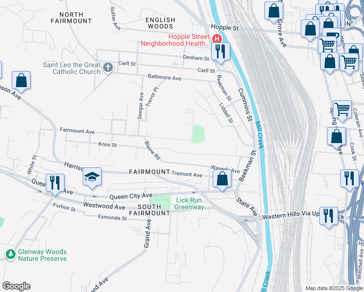 map of restaurants, bars, coffee shops, grocery stores, and more near 1717 Fairmount Avenue in Cincinnati