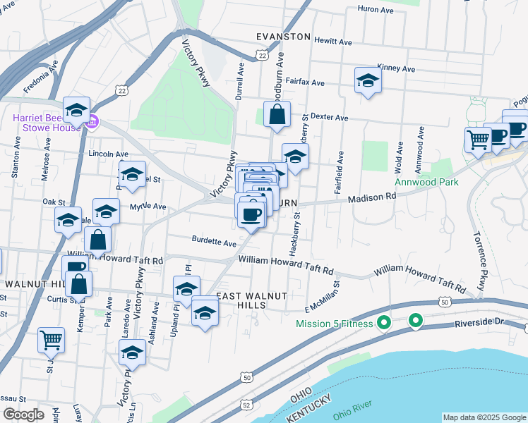 map of restaurants, bars, coffee shops, grocery stores, and more near 2800 Woodburn Avenue in Cincinnati