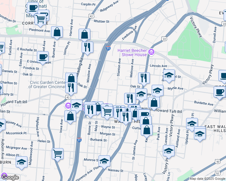 map of restaurants, bars, coffee shops, grocery stores, and more near 2638 Hemlock Street in Cincinnati