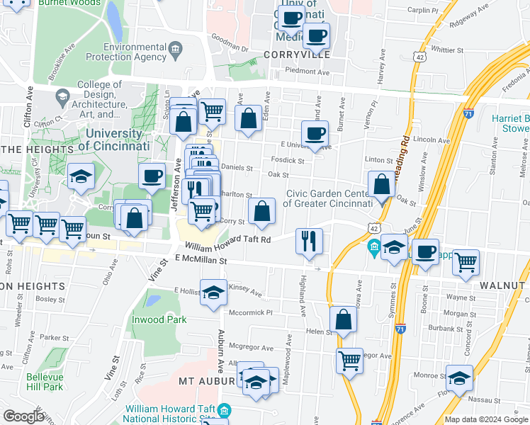 map of restaurants, bars, coffee shops, grocery stores, and more near 2607 Bellevue Avenue in Cincinnati
