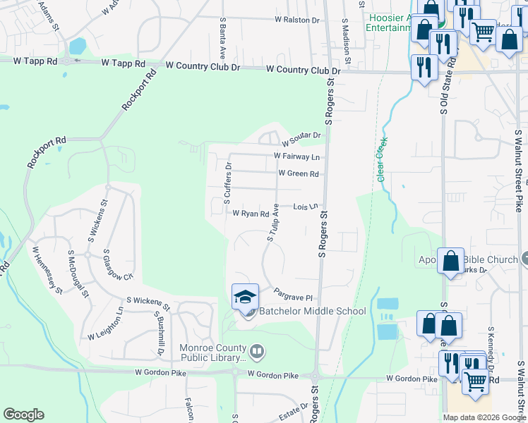 map of restaurants, bars, coffee shops, grocery stores, and more near 617-621 West Ryan Road in Bloomington