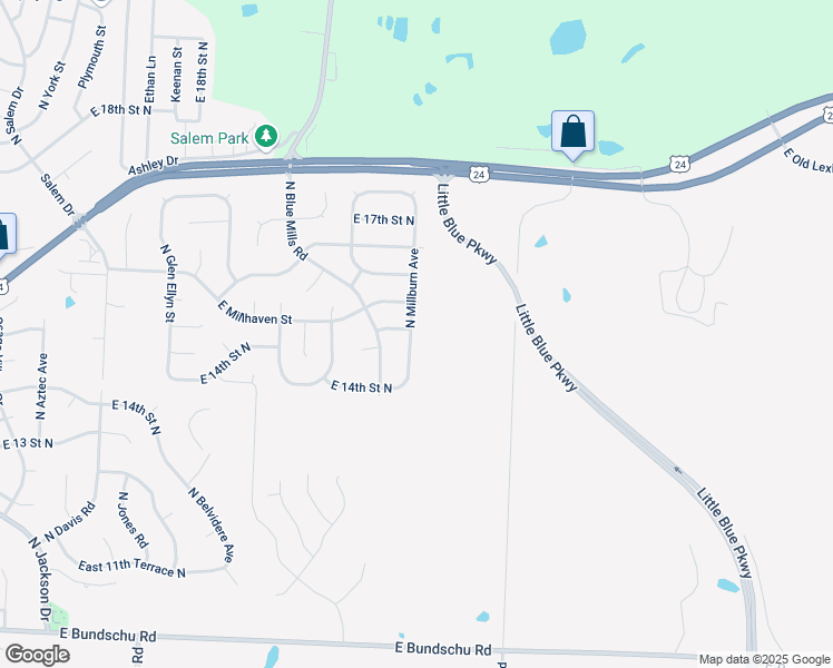 map of restaurants, bars, coffee shops, grocery stores, and more near 1411 North Millburn Avenue in Independence