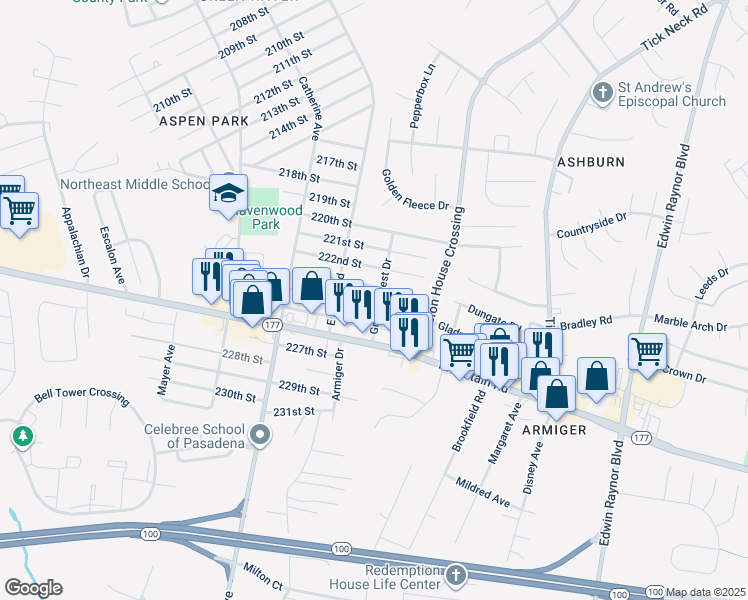 map of restaurants, bars, coffee shops, grocery stores, and more near 770 224th Street in Pasadena
