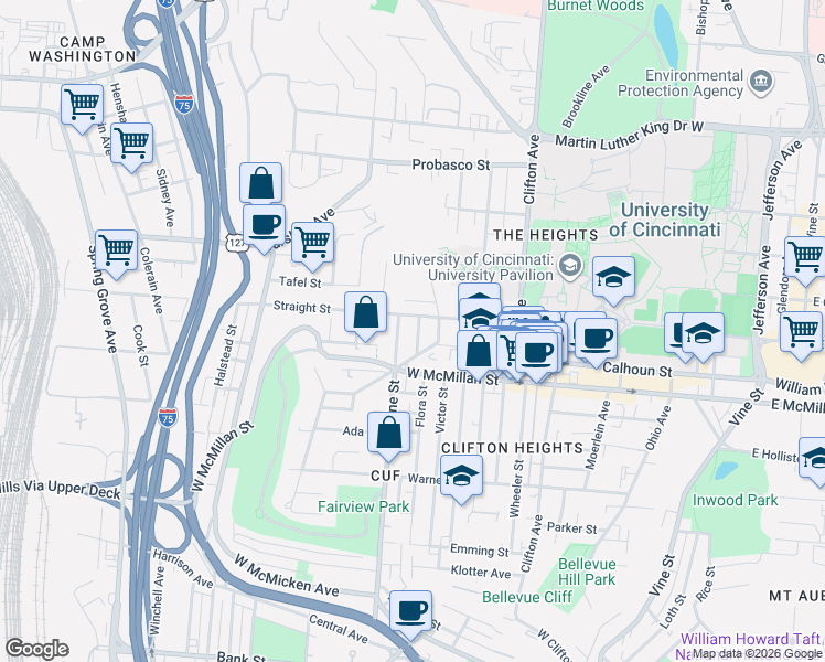 map of restaurants, bars, coffee shops, grocery stores, and more near in Cincinnati