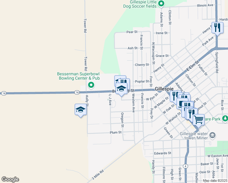 map of restaurants, bars, coffee shops, grocery stores, and more near 612 Broadway Street in Gillespie
