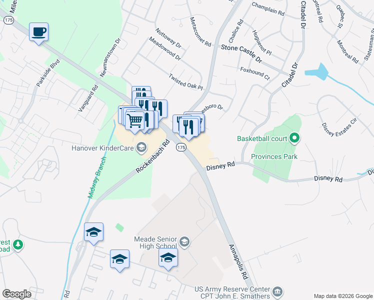 map of restaurants, bars, coffee shops, grocery stores, and more near Annapolis Road in Severn
