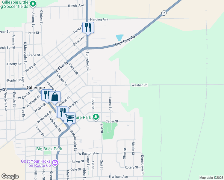 map of restaurants, bars, coffee shops, grocery stores, and more near 712 East Chestnut Street in Gillespie