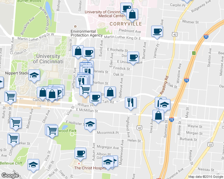 map of restaurants, bars, coffee shops, grocery stores, and more near 2607 Bellevue Avenue in Cincinnati
