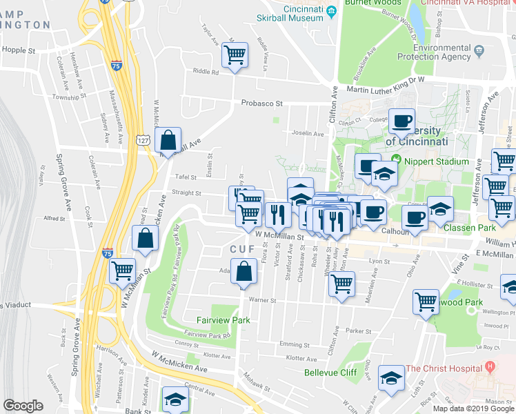 map of restaurants, bars, coffee shops, grocery stores, and more near in Cincinnati