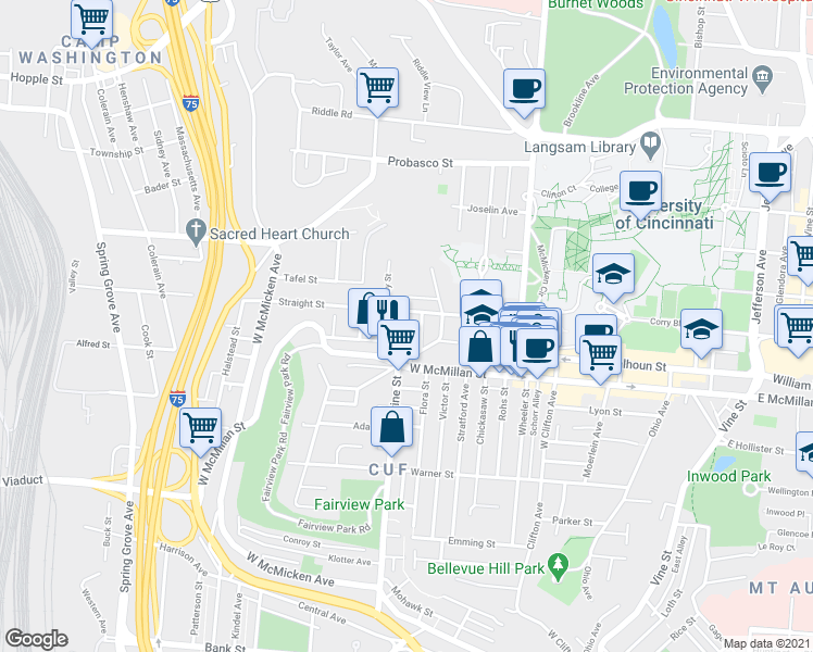 map of restaurants, bars, coffee shops, grocery stores, and more near in Cincinnati