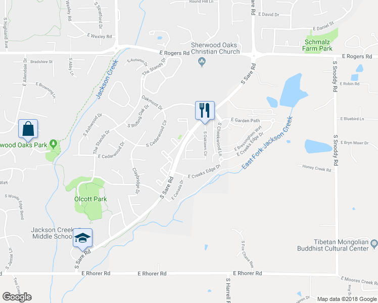 map of restaurants, bars, coffee shops, grocery stores, and more near 3541 South Oaklawn Circle in Bloomington
