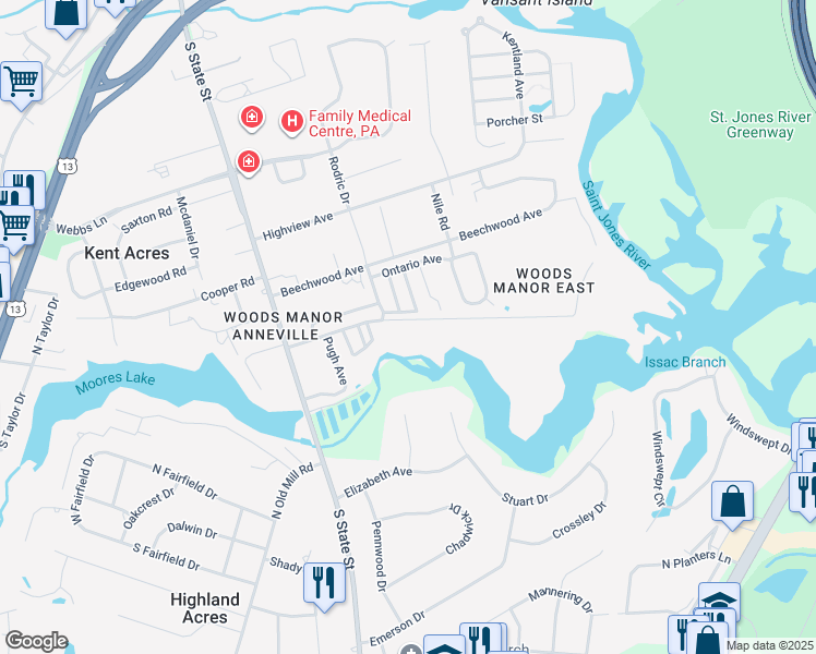 map of restaurants, bars, coffee shops, grocery stores, and more near 75 Placid Circle in Dover