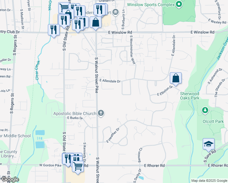 map of restaurants, bars, coffee shops, grocery stores, and more near 810 East Eddington Court in Bloomington