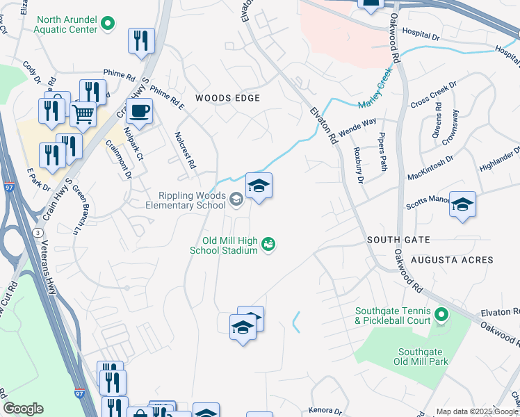 map of restaurants, bars, coffee shops, grocery stores, and more near 530 Nolfield Drive in Glen Burnie