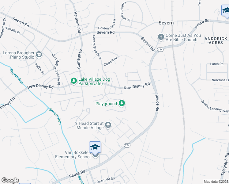map of restaurants, bars, coffee shops, grocery stores, and more near 7702 Periwinkle Way in Severn