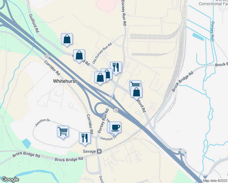 map of restaurants, bars, coffee shops, grocery stores, and more near 10930 Guilford Road in Annapolis Junction