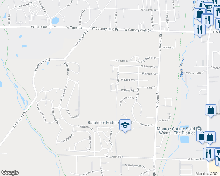 map of restaurants, bars, coffee shops, grocery stores, and more near 3144 South Cuffers Drive in Bloomington