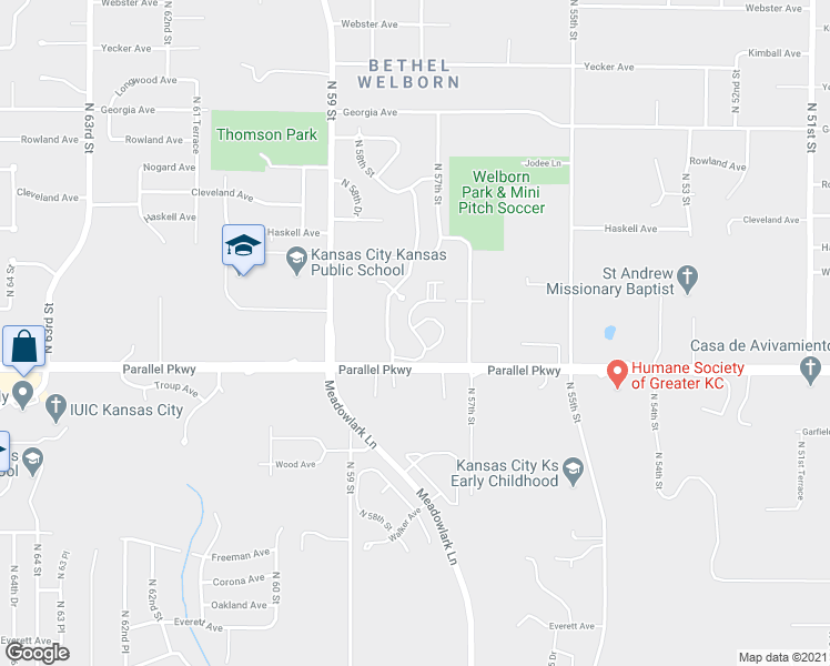 map of restaurants, bars, coffee shops, grocery stores, and more near 2100 North 57 Street in Kansas City