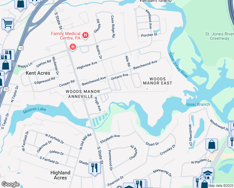 map of restaurants, bars, coffee shops, grocery stores, and more near 1679 South State Street in Dover