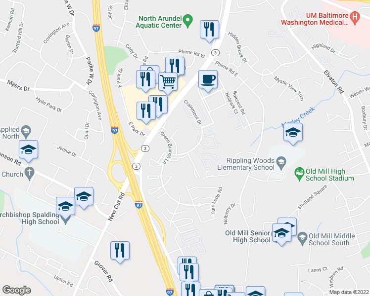 map of restaurants, bars, coffee shops, grocery stores, and more near 8118 Crainmont Drive in Glen Burnie