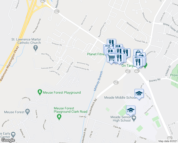 map of restaurants, bars, coffee shops, grocery stores, and more near 7116 Telegraph Hill Road in Fort Meade