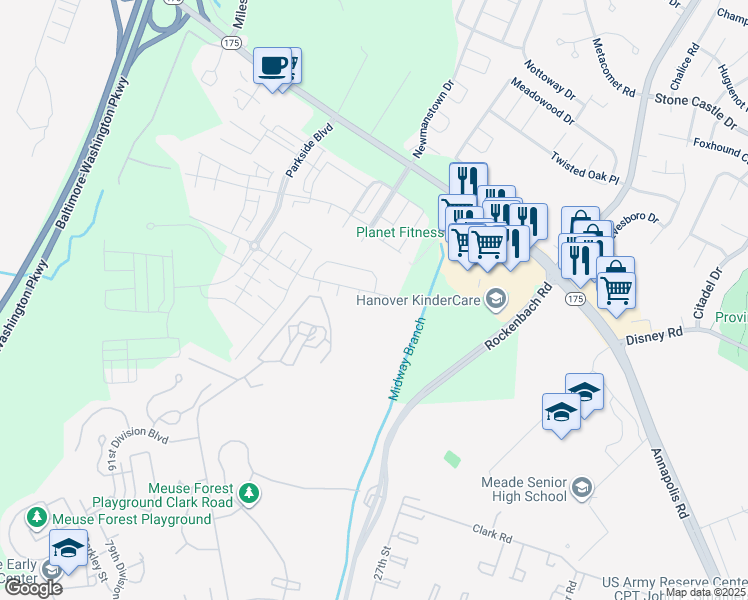 map of restaurants, bars, coffee shops, grocery stores, and more near 7116 Telegraph Hill Road in Fort Meade