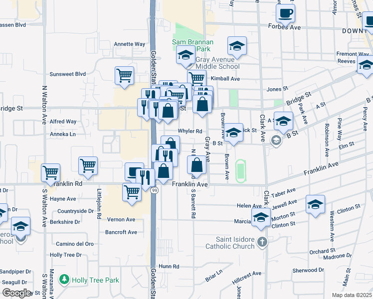 map of restaurants, bars, coffee shops, grocery stores, and more near 385 North Lawrence Avenue in Yuba City