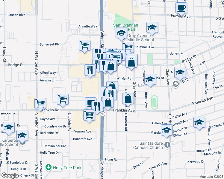map of restaurants, bars, coffee shops, grocery stores, and more near 462 Palora Avenue in Yuba City