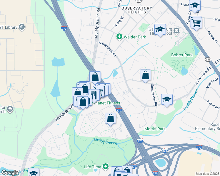 map of restaurants, bars, coffee shops, grocery stores, and more near 106 Duvall Lane in Gaithersburg