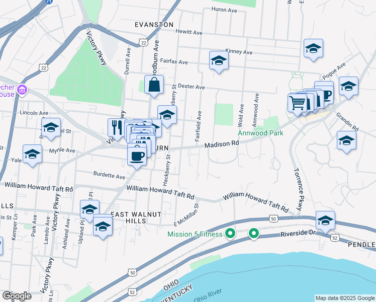 map of restaurants, bars, coffee shops, grocery stores, and more near 2753 Johnstone Place in Cincinnati