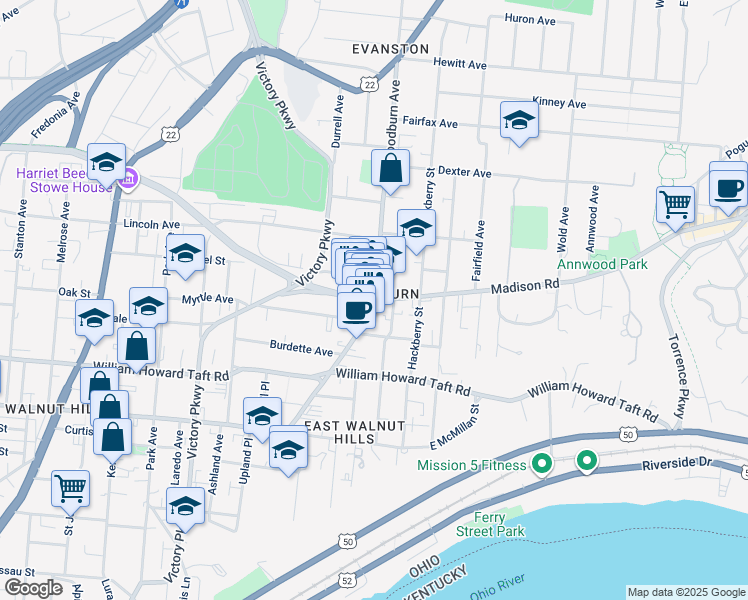 map of restaurants, bars, coffee shops, grocery stores, and more near 2800 Woodburn Avenue in Cincinnati